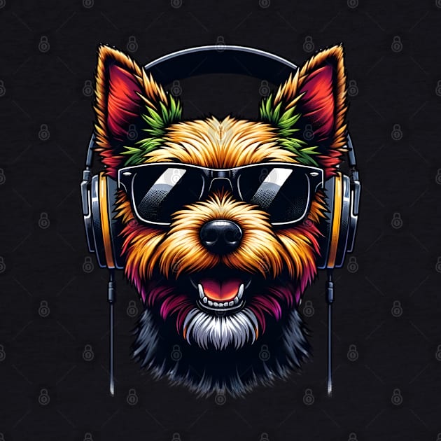 Norwich Terrier as Smiling DJ with Headphones and Sunglasses by ArtRUs